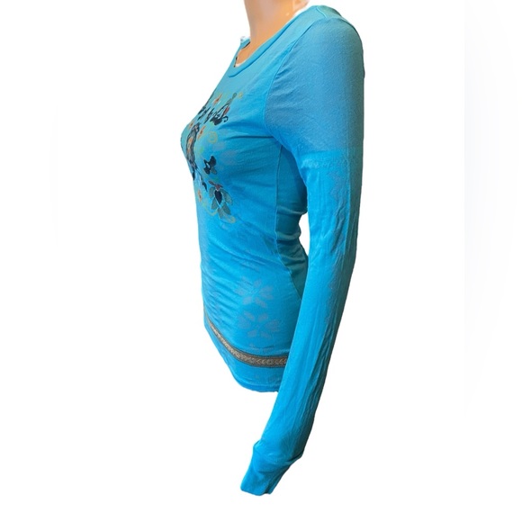 Free People Blue Hippie Boho Southwestern Aztec Floral Long Sleeve Stretch Shirt - Picture 5 of 9